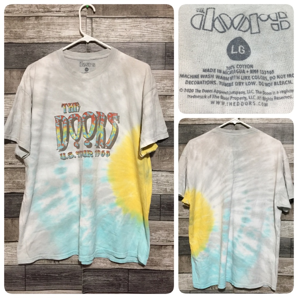 The Doors US Tour 1968 Tie Dye T Shirt Men’s L Gray Blue Yellow Short Sleeve